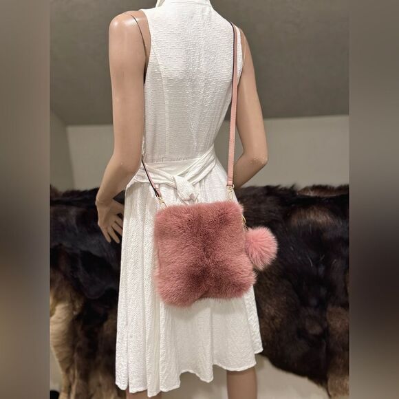 Dusty Rose Premium Real Fox Fur Wristlet/Phone Pouch/Crossbody & Fur Ball Charm - Picture 10 of 14